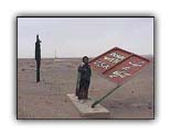 Out in the Iranian desert, anti-USA propaganda can still be found. The sign says 'Down with USA.'